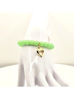 Green Heart Bracelet, Beaded Heart Charm Bracelet, Lucky Green Bracelet, Cute